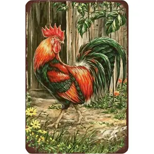 Vintage Metal Tin Sign Wall Decoration Funny Retro Rooster Art Poster Perfect For Home Cafe Store Bar Farm Man Cave Wall Decoration 8x12 Inch, Multicolor