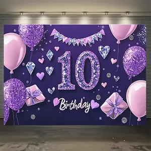 Purple Reusable Polyester 10th Birthday Party Banner (1pc) - Festive Wall Backdrop Decoration for Home, Office
