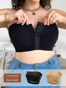 2PCS Women’s Non-Slip Strapless Bra Plus Size Front Buckle Gather Tube Top Invisible Underwear for Summer Fashion Tops