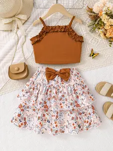 Girl's Plain Crop Cami Top & Floral Print Bow Decor Skirt Two-piece Set, Casual Sleeveless Top & A-line Skirt Outfit for Daily Wear, Kids Summer Clothes, Cute, Gift Sets