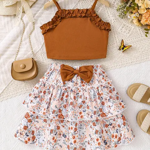 Girl's Plain Crop Cami Top & Floral Print Bow Decor Skirt Two-piece Set, Casual Sleeveless Top & A-line Skirt Outfit for Daily Wear, Kids Summer Clothes, Cute, Gift Sets, Clothing