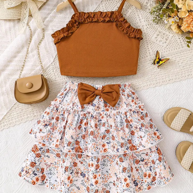 Girl's Plain Crop Cami Top & Floral Print Bow Decor Skirt Two-piece Set, Casual Sleeveless Top & A-line Skirt Outfit for Daily Wear, Kids Summer Clothes, Cute, Gift Sets, Clothing