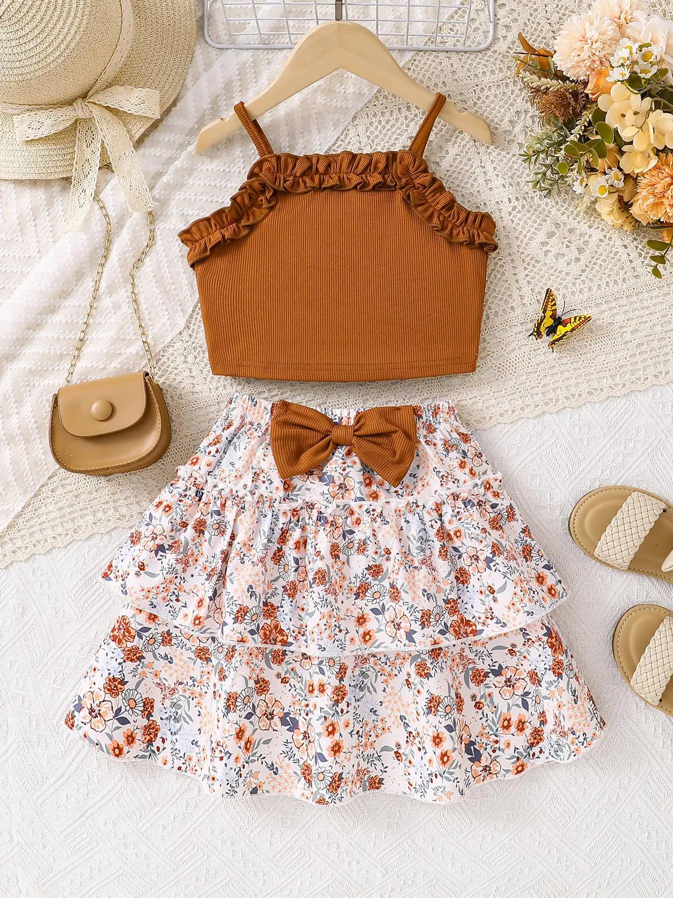 Girl's Plain Crop Cami Top & Floral Print Bow Decor Skirt Two-piece Set, Casual Sleeveless Top & A-line Skirt Outfit for Daily Wear, Kids Summer Cloth