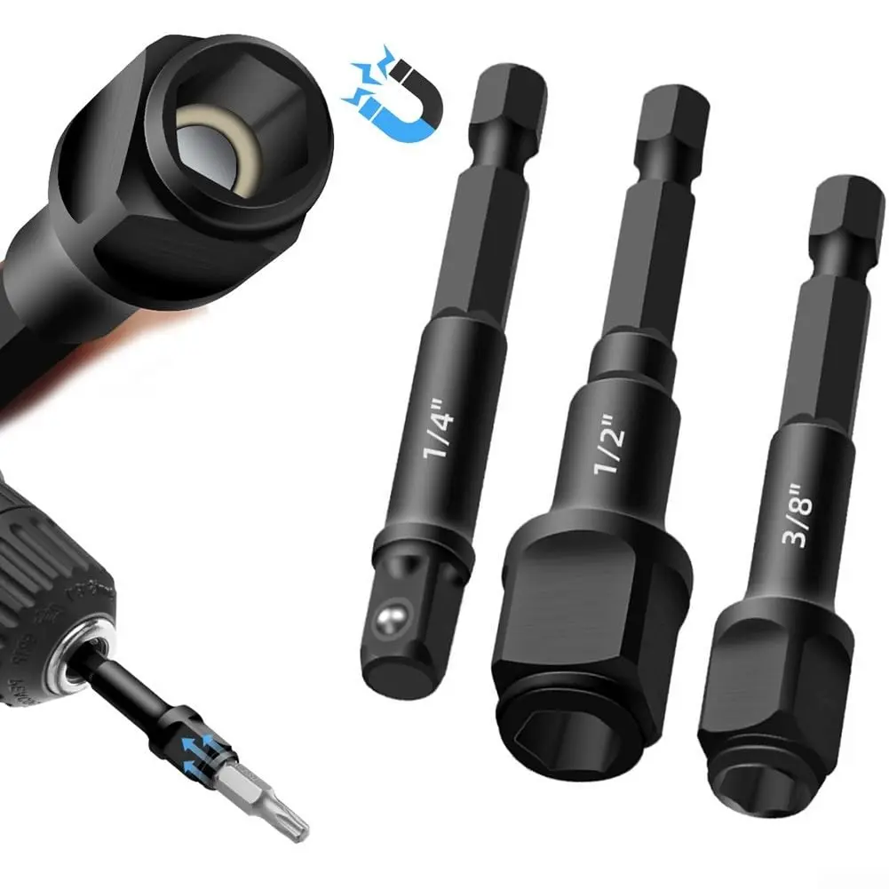 3PCS Magnetic Tip 2-in-1 Drive Adapters Multi-Size Set for Hex-Shank Power Drills, Compatible with 1/4"-3/8"-1/2" Drive Sizes, Fits Sockets & Screwdriver Bits, Ideal for Automotive & General Repairs