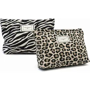 2 Pack Makeup Bag for Women, Travel  Pouch with  print & Leopard print Design, Zipper Beauty Case, Toiletry Makeup Organizer for Women & Girls