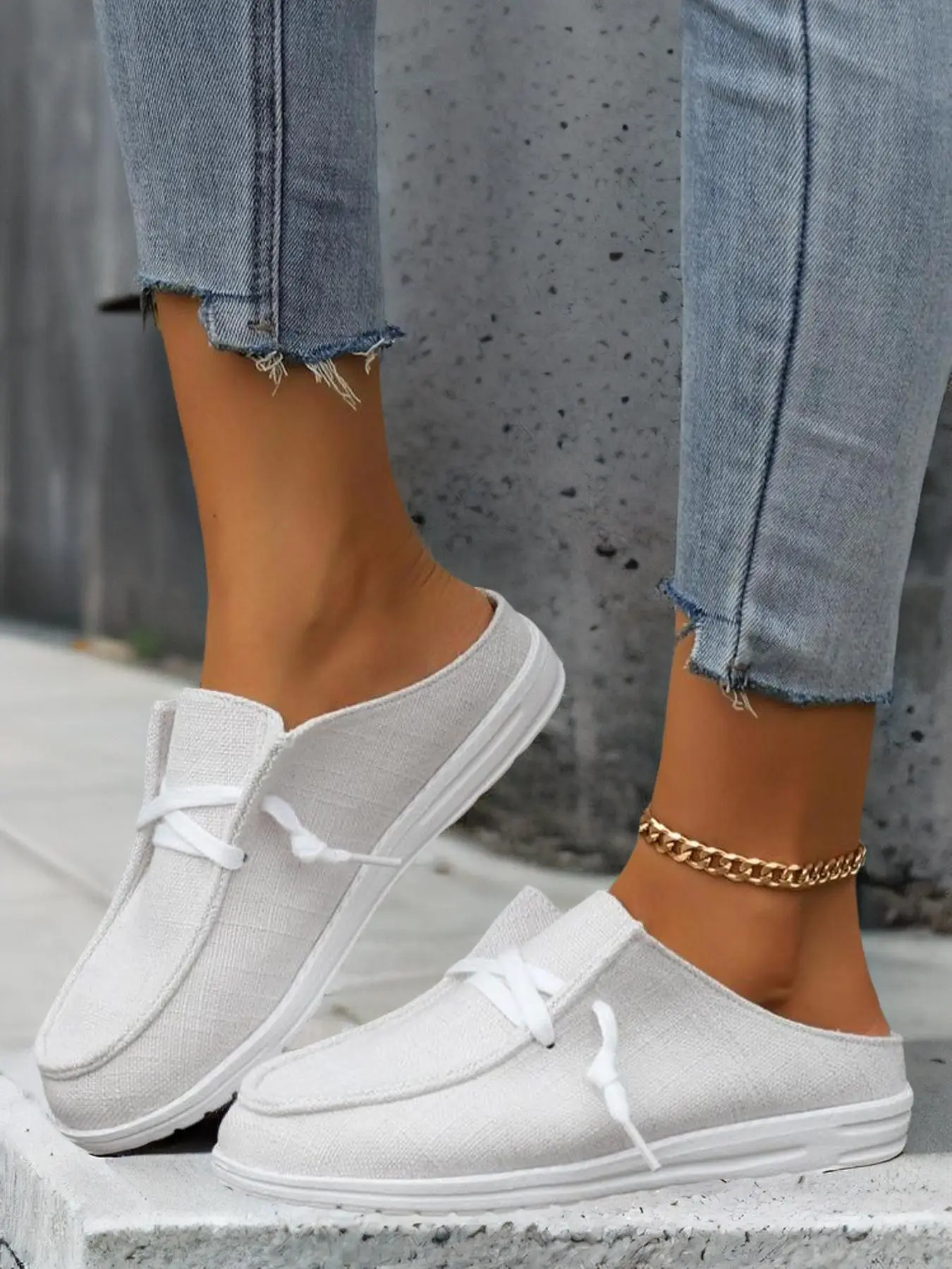 Women's Summer Simple Solid Lace Up Design Slip-on Shoes, Casual Versatile Soft Comfortable Walking Shoes, Female Basic Classic Round Toe Flat Shoes F