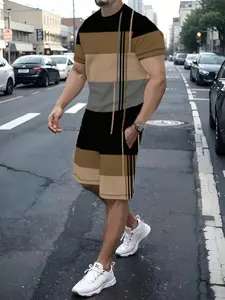 Classic Block Set, Geometric Stripes Design, Effortless Urban Fashion, All Seasons Casual Fitted, Man