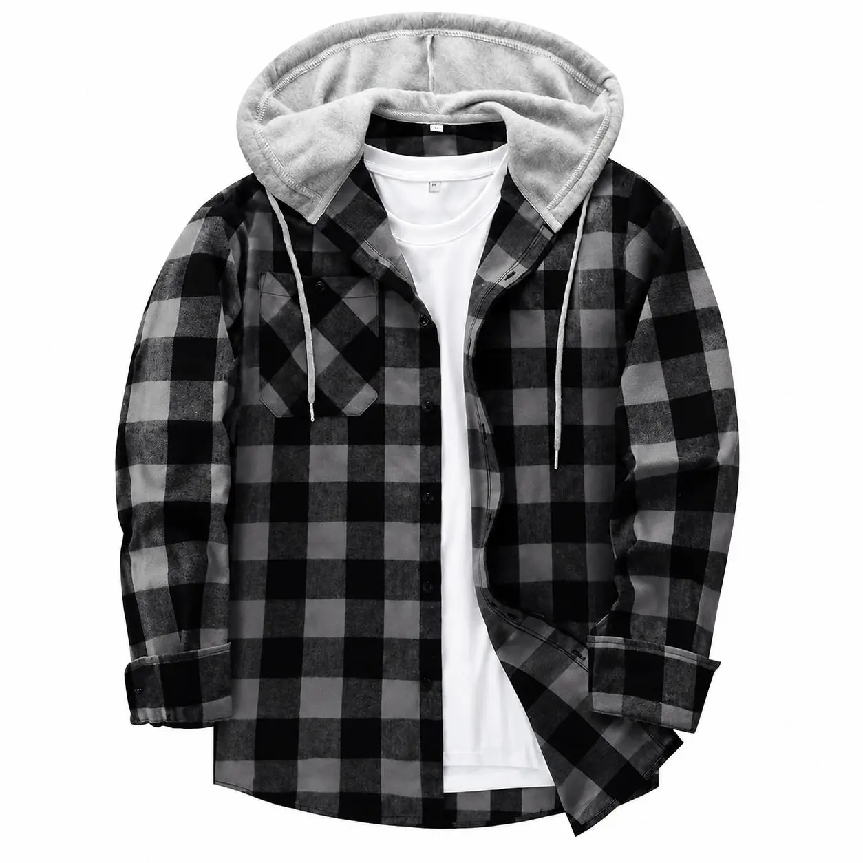 Men's Stylish Hooded Flannel Shacket - Polyester Blend, Classic Plaid, Relaxed Fit, Button-Up Layering Top with Attached Hood, Outdoor M Clothes Products,