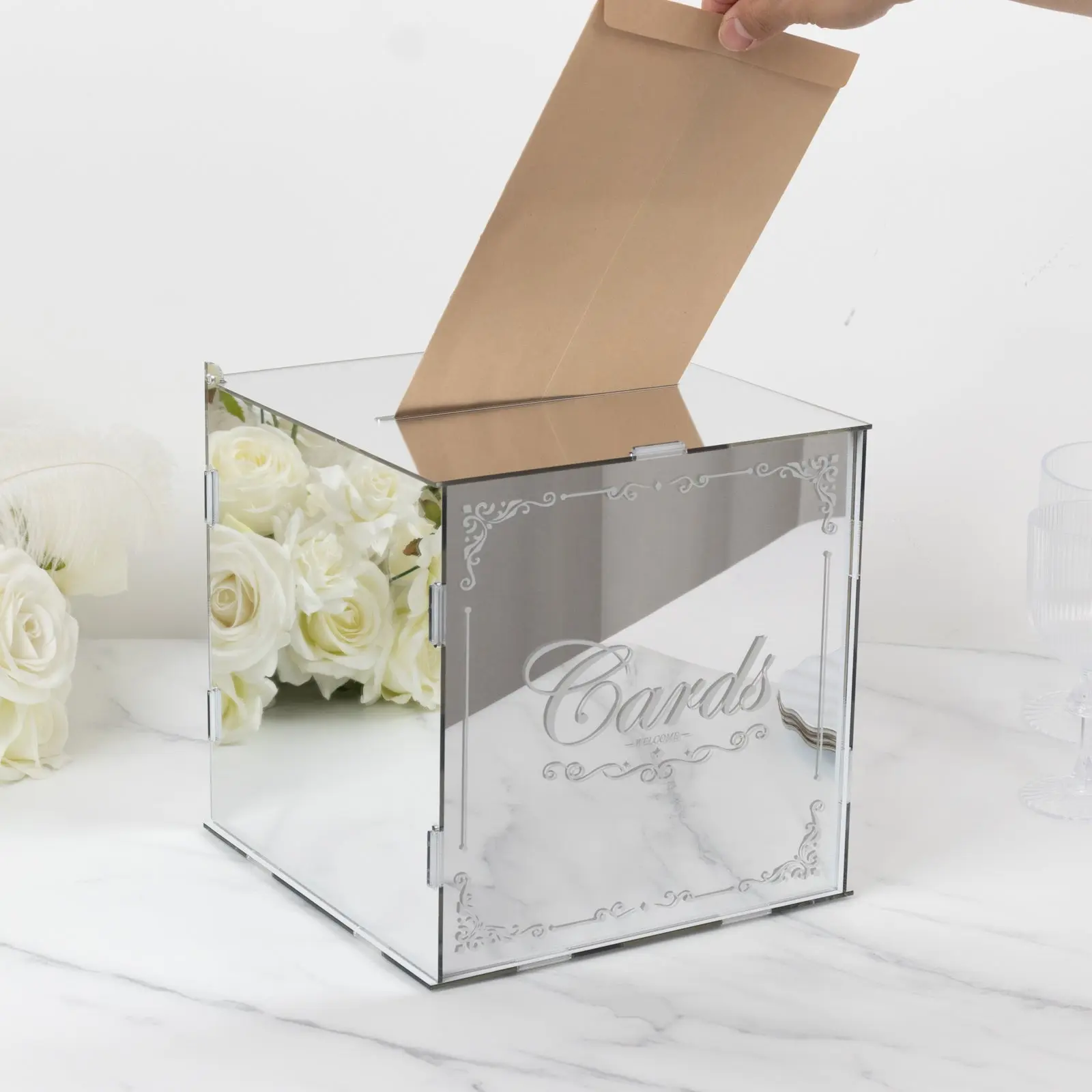10" Silver Mirror Design Acrylic Wedding Card Box with Slot - Card Storage Wishing Well Money Box, Party Gift for Wedding Reception, Happy Birthday Hawaiian Party, Donation Box