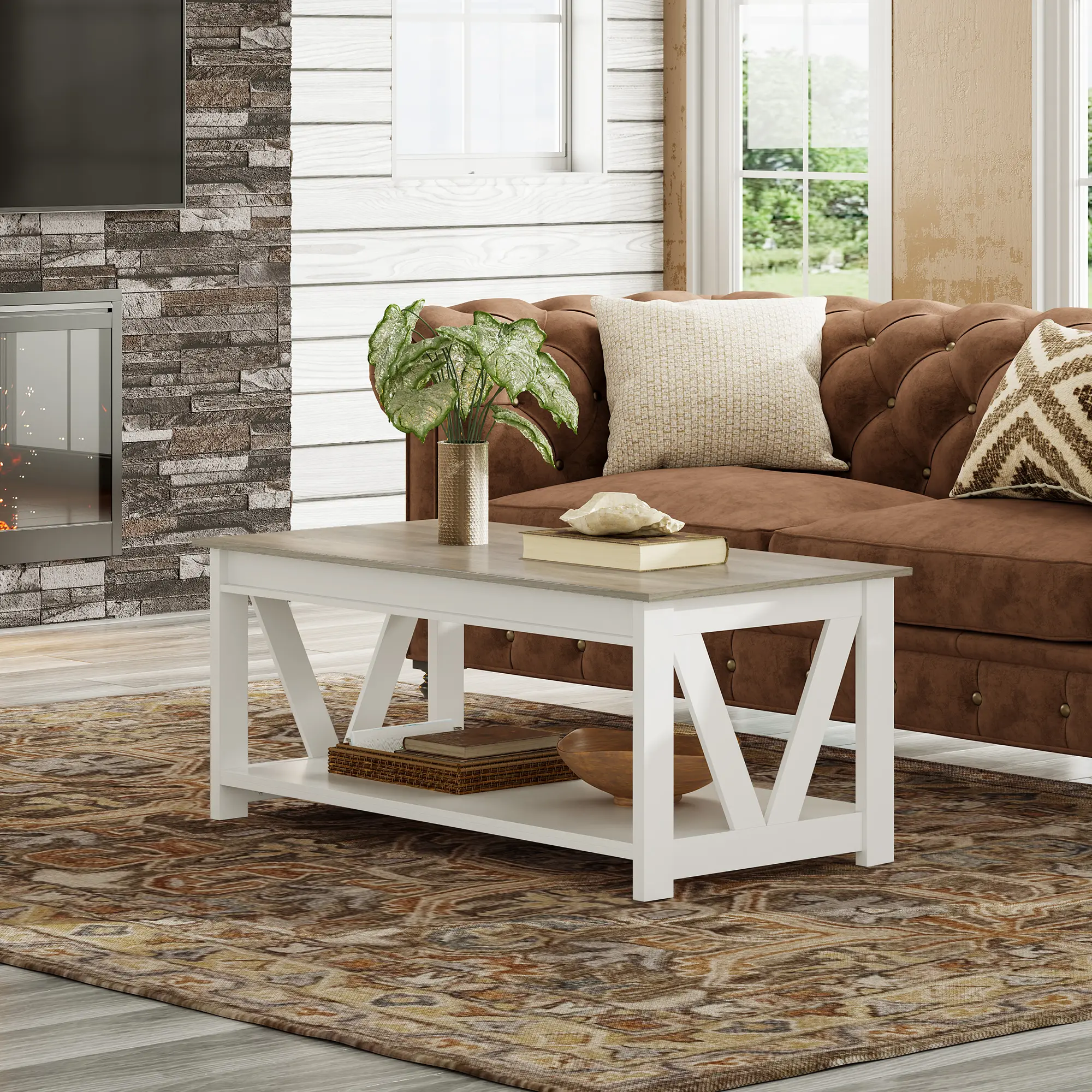 WLIVE Coffee Table, 43" Farmhouse Coffee Table with Storage Shelf & Sturdy V-Shaped Support, Wood Center Table for Living Room, Bedroom, Office and Balcony