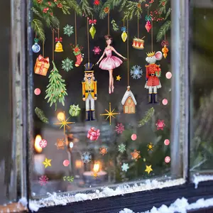 Hand-Drawn Christmas Nutcracker & Dancing Girl Mouse Window Sticker, Decorative, Double-Sided Print, Static Cling Glass Decoration, Holiday Decor