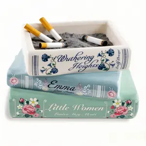 Ceramic Book Stack Ashtray - A literary decorative ashtray, featuring a retro floral and bookish ambiance, making it a lovely and unique gift for book lovers and readers.