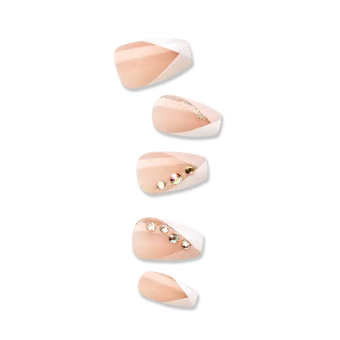 Impress French No Glue Fake Press On Nails - Glimpse | 3D & Jewel French, White, Medium, Coffin, Manicure