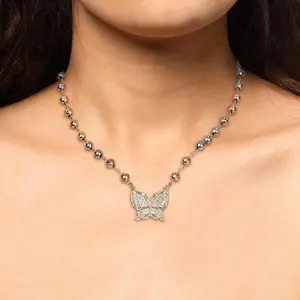 MEIITRUE 14K Gold Plated Butterfly Pendant Necklace for Women, Tri-Color Bead Rhinestone Necklace for Daily Party, Trendy Jewelry Gift