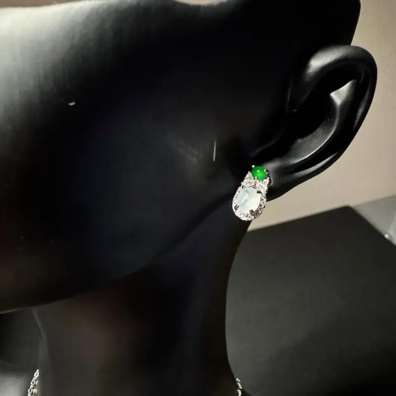 18K White Gold Icy Oval Shape Jadeite Jade with Diamonds Earrings
