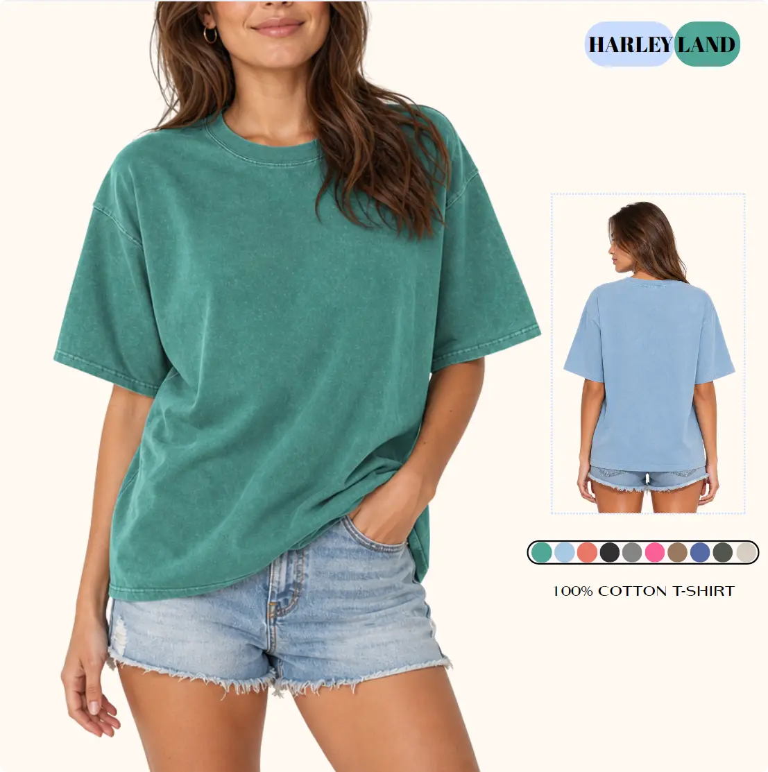 HarleyLand Women's Vintage Acid Wash Cotton Crew Neck Shortsleeve T-Shirt - Casual Loose Fit Solid Streetwear Basic, Fabric, Everyday, Athletic, Graphic