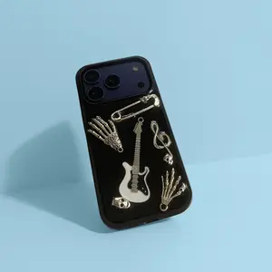3D Punk Rock Skeleton Guitar Phone Case for iPhone 17Pro/Pro Max - Gothic Alt Dark Aesthetic Shockproof Protective Cover with Metal Charms