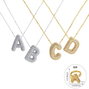 2-Piece A-Z Initial Zircon Necklace and Ring Set, Golden/Silver Titanium Steel Personalized Name Jewelry for Women, Daily Fashion Gift