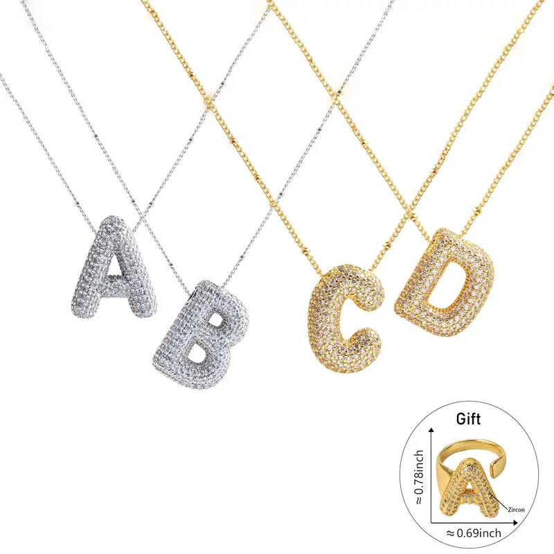 Women's 2-Piece Initial Titanium Steel Letter Necklace Set - Golden/Silver Unisex Female Matching Jewelry, Zircon Ring Artificial Gemstone Accessory for Birthday, Anniversary, Everyday Wear