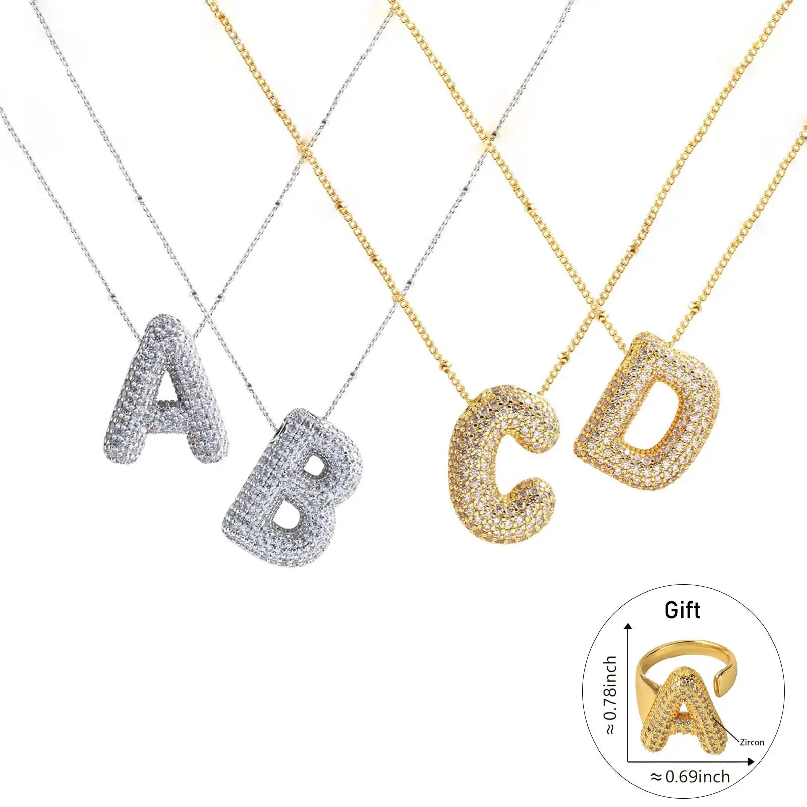 2-Piece A-Z Initial Zircon Necklace and Ring Set, Golden/Silver Titanium Steel Personalized Name Jewelry for Women, Daily Fashion Gift