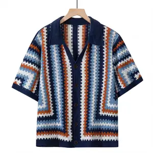 Men's Short Sleeve Hollow Out Knit Shirts Collar Button Up Striped Sweater