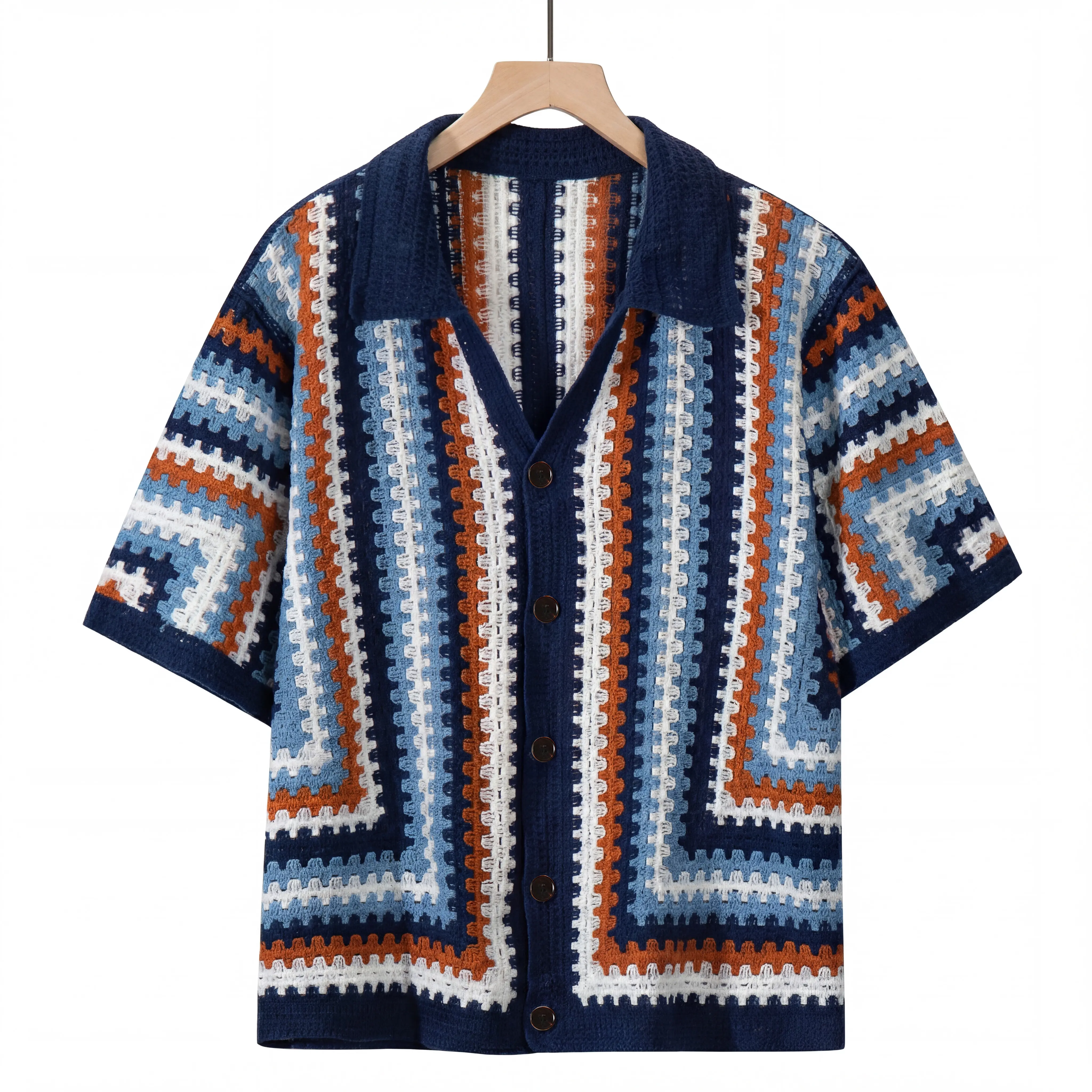 Men's Short Sleeve Hollow Out Knit Shirts Collar Button Up Striped Sweater,summerwins,father'sdaygifts,back to school,back to school shopping Casual Button Collared Casual Outings Shirt