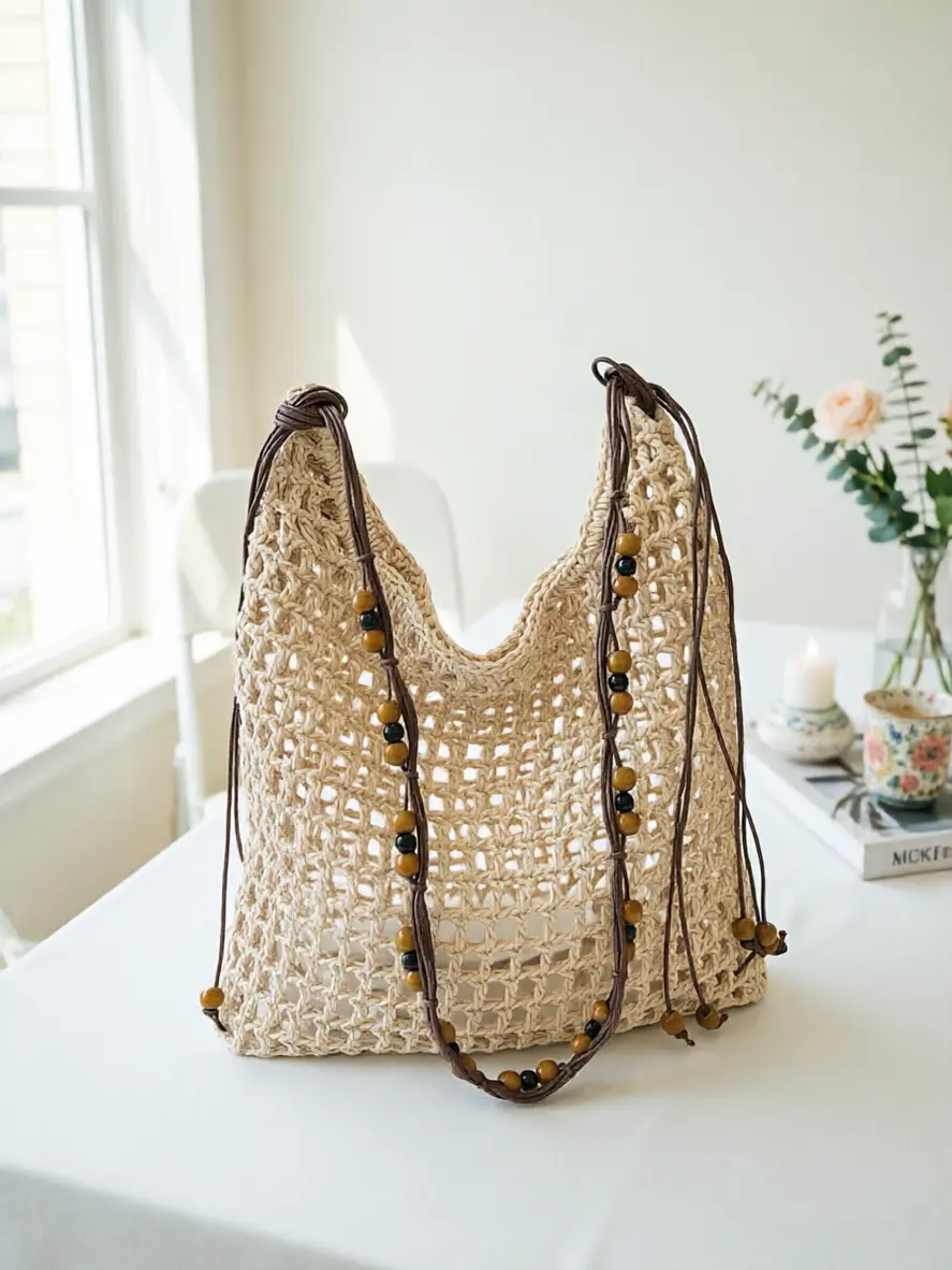 2026 New Summer Large-Capacity Hollowed-Out Straw Woven Shoulder Tote - Beaded Woven Relaxed Gym Bag for Outdoor, Vacation Beach Use