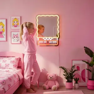 Cute Sponge Style LED Neon Vanity Mirror for Girls, Lighted Makeup Mirror with Decorative Glow, Aesthetic Desk or Wall Mirror for Bedroom, Dorm, Beauty Room, Pink Room Decor Gift