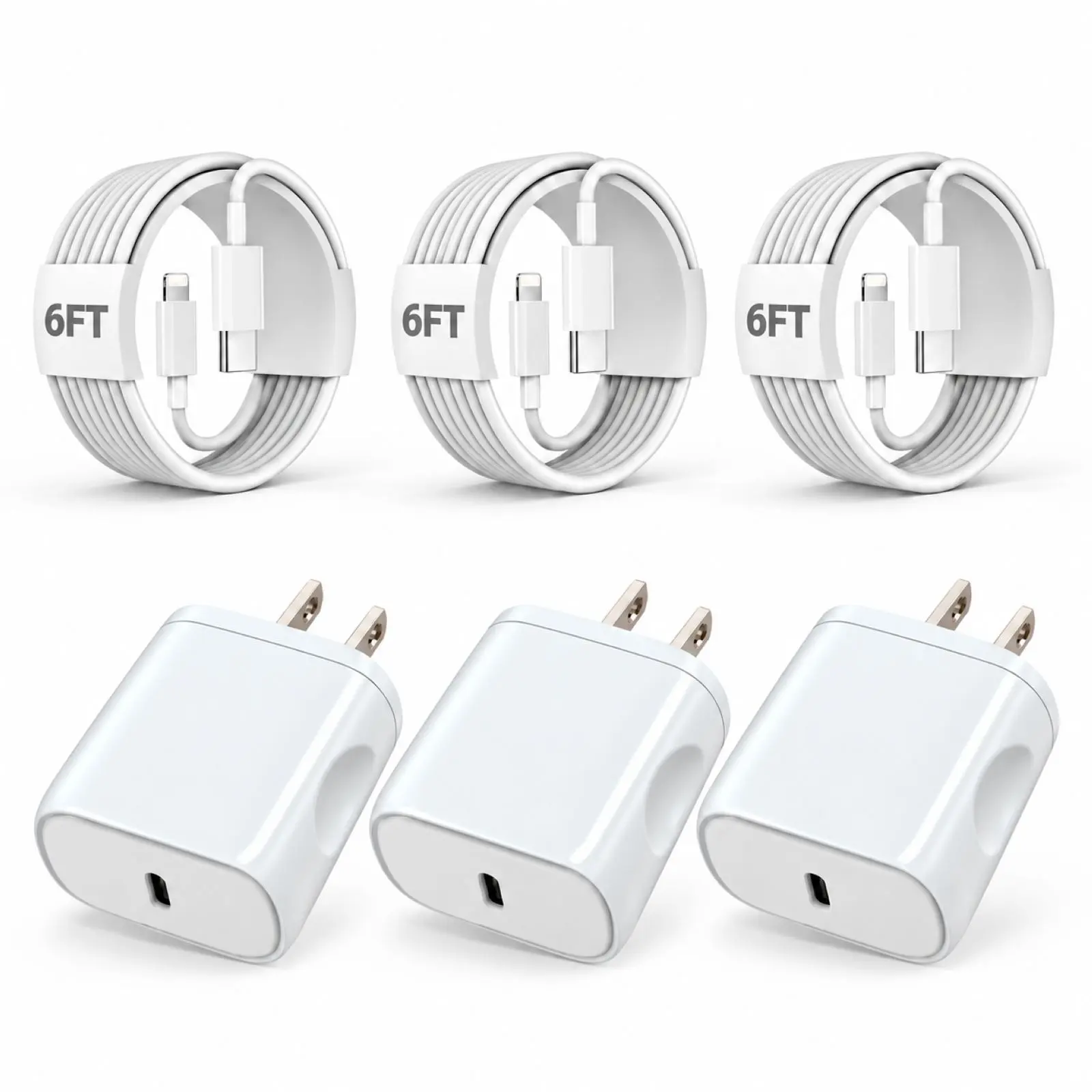 SANPRIO 3-Pack 20W USB-C Fast Wall Charger Adapter with 6Ft USB-C to Lightning Cables for iPhone 14/13/12/11 Pro Max/XS - Mobile Electronic Smartphone Charging Accessories with Protection