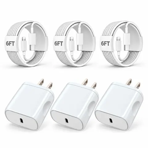 SANPRIO 3-Pack 20W USB-C Fast Wall Charger Adapter with 6Ft USB-C to Lightning Cables for iPhone 14/13/12/11 Pro Max/XS - Mobile Electronic Smartphone Charging Accessories with Protection