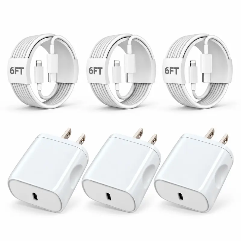 SANPRIO 3-Pack 20W USB-C Fast Wall Charger Adapter with 6Ft USB-C to Lightning Cables for iPhone 14/13/12/11 Pro Max/XS - Mobile Electronic Smartphone Charging Accessories with Protection
