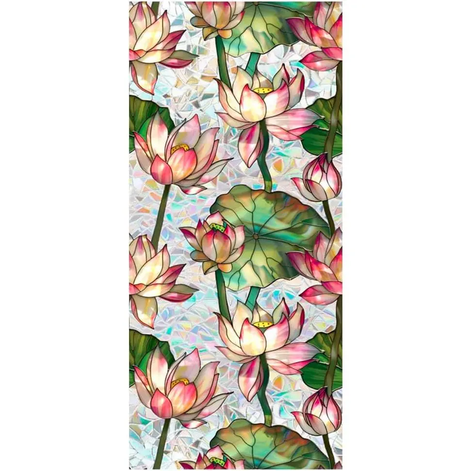 Retro Lotus  Window  Film,Stained Glass  Colorful Floral  Rainbow  Living Room Sun Blocking Decor Removable Static Cling Stickers,16.93 x 39.37 Inch