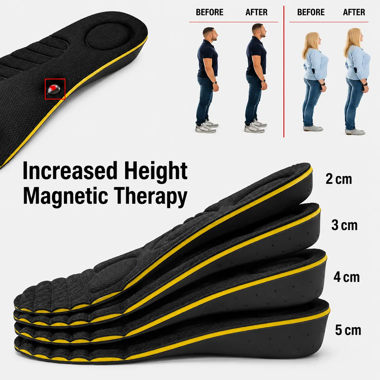 Magnet Massage Height Increase Insoles For Women Men 2/3/4/5 Cm Up Invisiable Arch Support Orthopedic Insoles Heighten Lift Footwear Shoe
