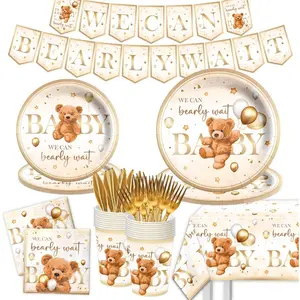 Bear  Shower Decorations for Boy-142Pcs Brown Bear Theme Tableware Plates and Napkins Set Serves 20 Guests,Bear  Shower Birthday Party Supplies