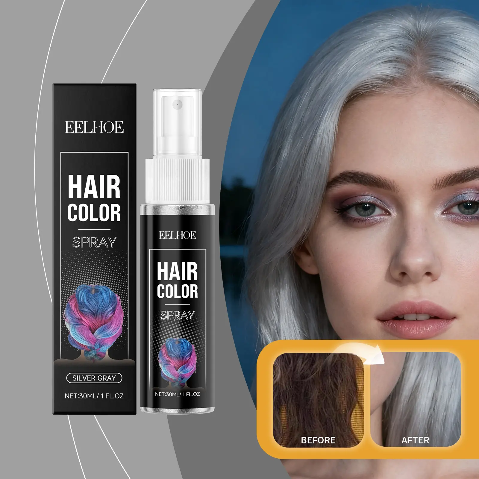 EELHOE Silver Gray Temporary Hair Spray - Gentle Haircare Beauty Product for All Hair, Even Color Coverage, Quick Temporary Dye, Moisturizing, Glossy Finish, Portable Styling Spray, Beauty Products
