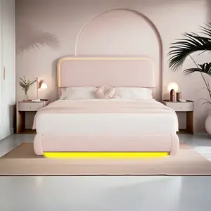 Queen LED Bed Frame with 2 Drawers, Teddy Fleece Rounded Upholstered Platform Bed with Thickened Rounded Corners Headboard Footboard, No Box Spring, Quiet, Easy Assembly-Cream,Pink