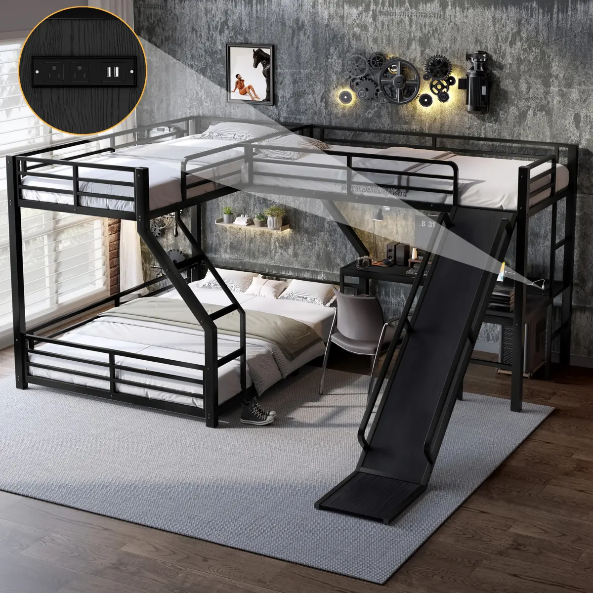 L-Shaped Twin XL Over Queen Triple Bunk Bed with Loft, Slide & USB Ports, Modern Furniture for Modern Home Decor, 117.72"L×82.68"W×57.08"H Metal+MDF Frame, 177.70 lbs, 20pcs for Twin XL&Queen, 6 in & Above, Space-Saving Noise-Free Indoor Bed Frame