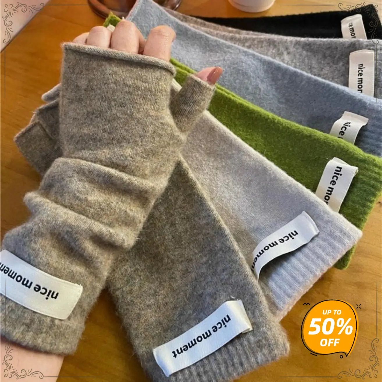 Half-Finger Knit Gloves, Polyester Blend, Black Gray Green Beige, Warm Winter Fingerless Writing Gloves for Women