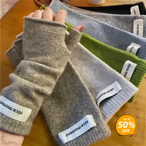 Half-Finger Knit Gloves, Polyester Blend, Black Gray Green Beige, Warm Winter Fingerless Writing Gloves for Women