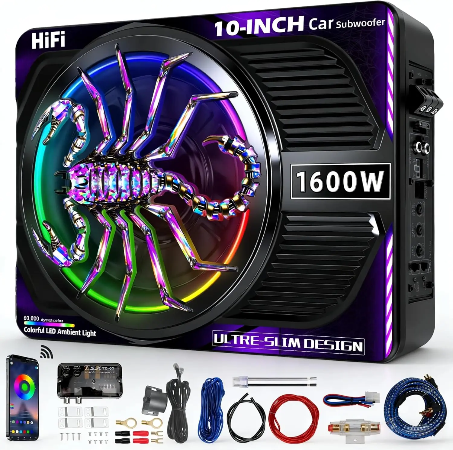 2026 Upgraded 1600W 10" Slim Under-Seat Car Audio Subwoofer with Amplifier, Beat-Synced RGB Ambient Light for Trucks - 200W & Above Distortion-Free Output, Individual LPF/Gain/Bass Boost Controls, Car Stereo Bass Speakers Component