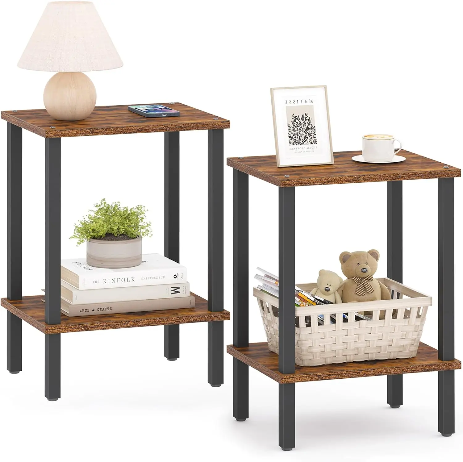 TUTOTAK End Table, Set of 2, Side Table, Nightstand, 2-Tier Storage Shelf | Bedside Table for Small Space, Livingroom, Bedroom, Easy to Assemble, Brown and Black TB01BB035