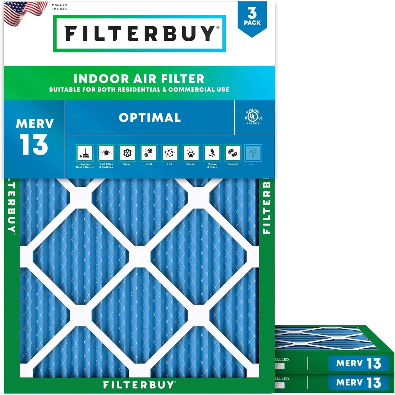New Household Eco-Friendly Electrostatically Charged HVAC AC Furnace Air Filter (3-Pack), Pleated MERV 13 Optimal Defense, 16.38x21.38x1 in Actual Size, Endures Temperatures Up to 200°F, Replacement