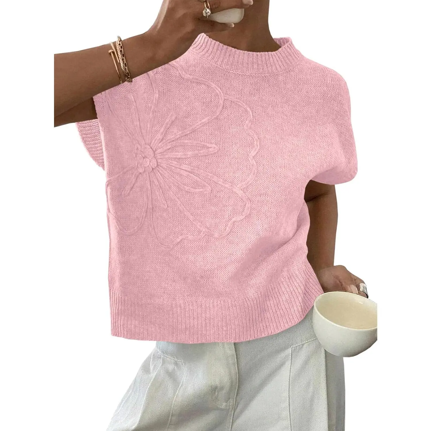 Saodimallsu Women's Short-Sleeve Knitting Polyester Pullover - Crewneck Floral, Lightweight Summer Casual Cap-Ready Knit Top,summerwins summerwins,summeroutfits,vacationoutfits,beachoutfits