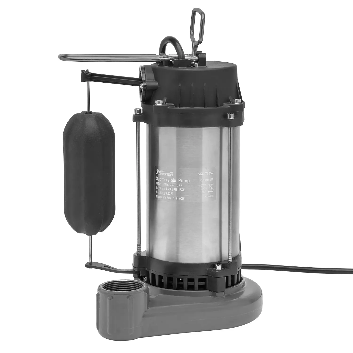 XtremepowerUS Heavy Duty Stainless Steel Submersible Sump Pump - 3/4 HP, 5500 GPH Flow, 32' Height, Cast Iron Impeller, Manual-Auto Float Switch, Epoxy Coated, Copper Component, Basement Drain Use, Easy Setup, Stainless Steel Pump