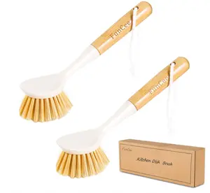 2 Pack Kitchen Dish Brushes with Bamboo Handle, Dish Scrubber Built-in Scraper, Scrub Brush for Pans, Pots, Counter & Kitchen Sink Cleaning, Dishwashing and Cleaning Brush Tools, White