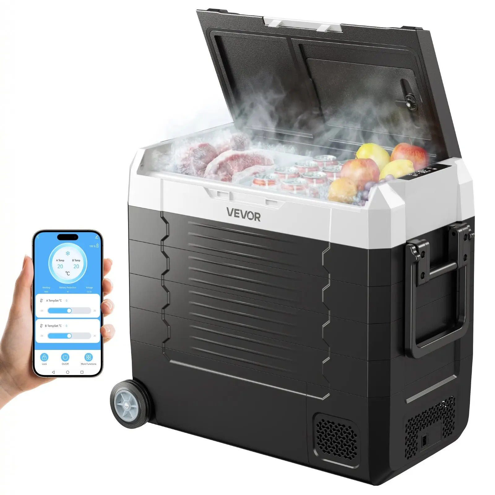 【Summerfinds】VEVOR 58QT/55L Compact Compressor Car Refrigerator, Dual-Zone Electric Cooler with Fast Cooling Power, DC 12/24V & AC 100-240V, -4°F to 68°F Range, APP Control, Wheels Incl., for RVs, Trucks, Boats (36.38 lbs, 27.20x15.35x22.83 in), Ac100
