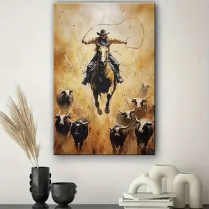 1pc Western Cowboy Horseback Lassoing Cattle Canvas Wall Art Print, Rustic Ranch Theme Living Room Decor, Dynamic Action Landscape Artwork For Bedroom Office Home