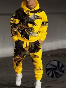 Bold Style Fierce Eagle Graphic 2-Piece Hoodie & Jogger Set - Vibrant Green Contrast Soft Fleece Fabric for Men's Streetwear Casual Outings Long Sleeve Clothes Fashion