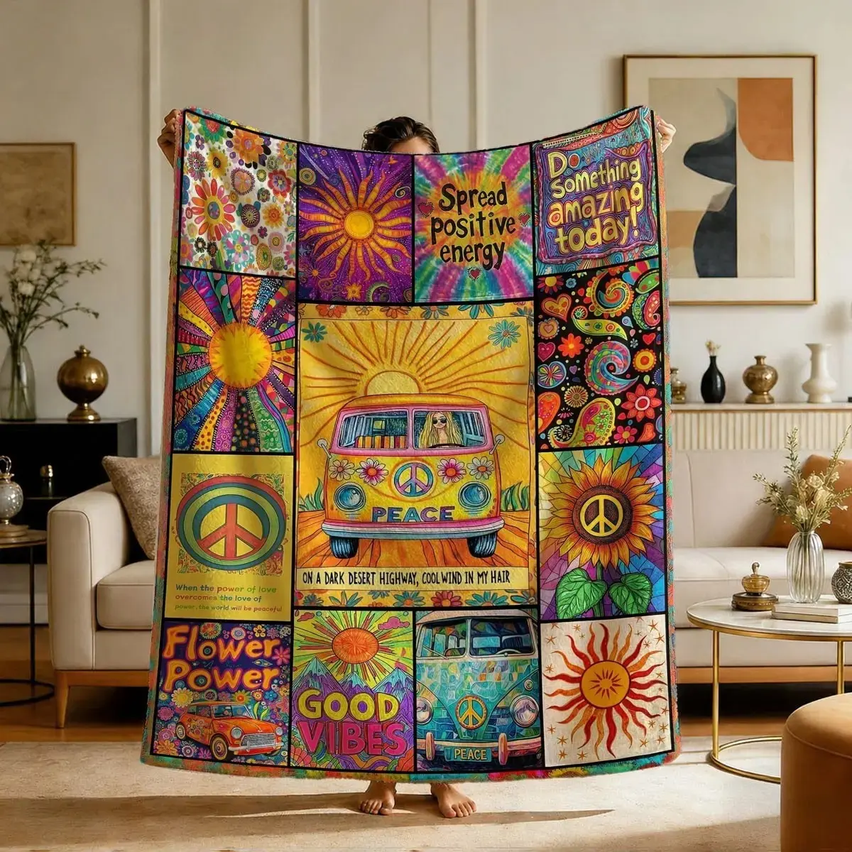 Comfortable Hippie Peace Bus Print Flannel Soft Throw Blanket, Soft Warm Anti-Pilling, Ideal for Nap, Camping, Travel, All Seasons Gift, Printed Flannel Blanket