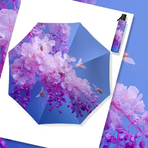 Sakura Pattern Umbrella, Dreamy Blue Canopy with Flower Cluster, Automatic Open-Close, Foldable Design, Perfect Gift